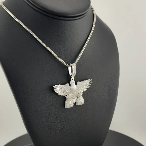 Sterling Silver 925 Flying Eagle Necklace with Two Money Bags – Bold & Symbolic